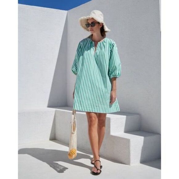 AYR Women's Kelly Green White Stripe Portofino Poplin Balloon Sleeve Mini  Dress